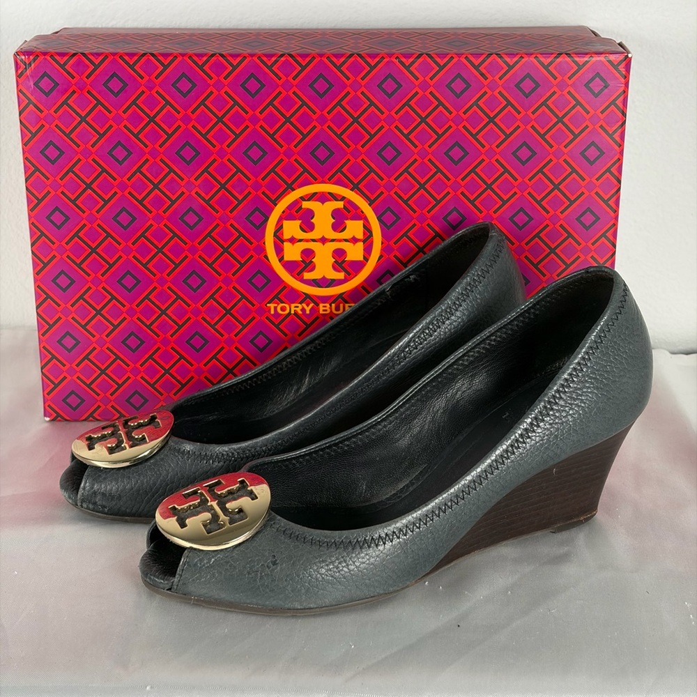 Tory Burch Black Leather Peep-Toe Wedge Pumps with Gold Logo